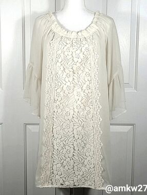 Flying Tomato Light Cream Tunic or Mini Dress Lace & Chiffon Bell Sleeve